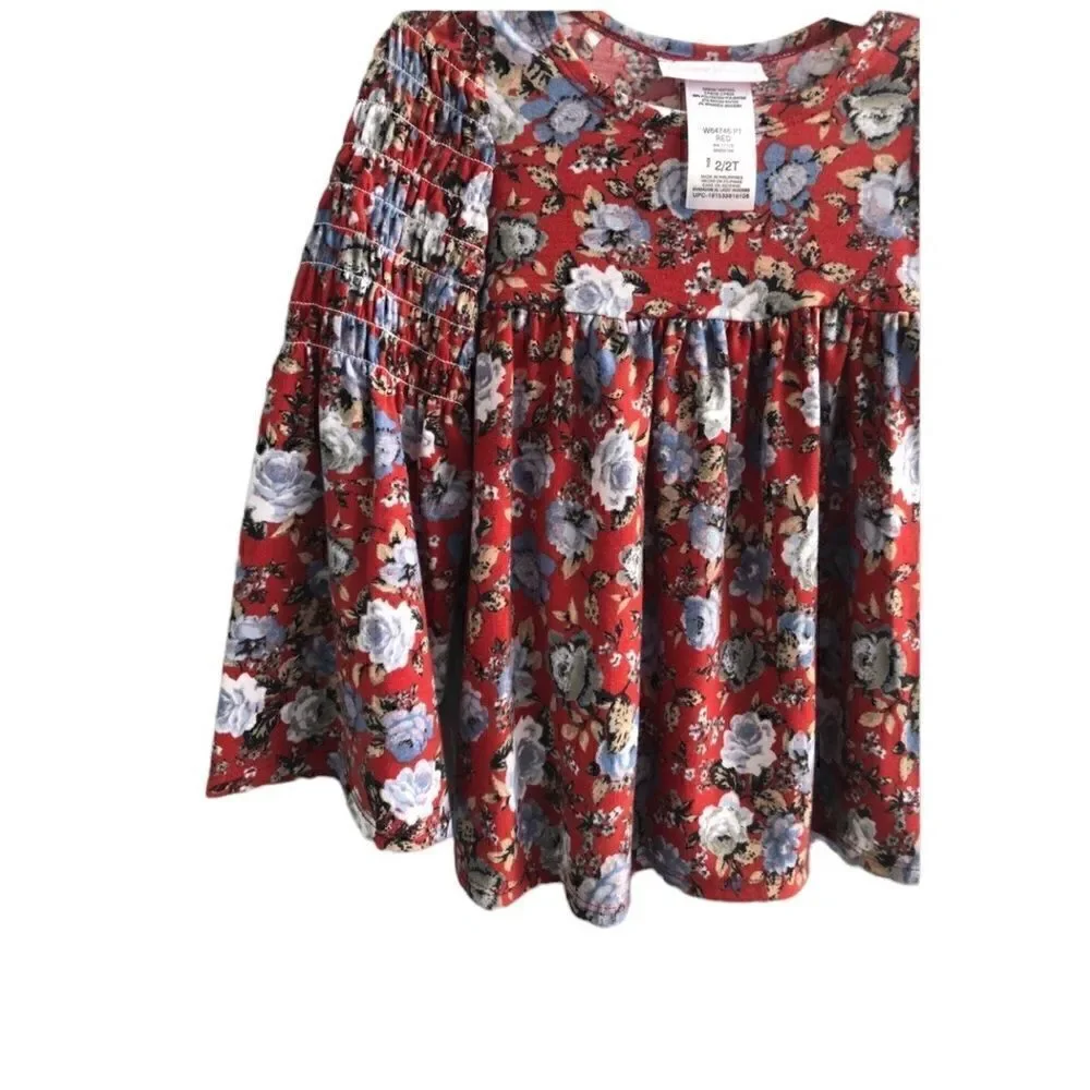 KIDS Girls BNWT Bonnie Jean Size: 2/2T Red Blue Flowered Top with Blue L…